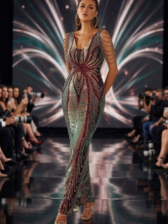 Dresses & Skirts - Sequin Beaded Evening Gown - Multicolor